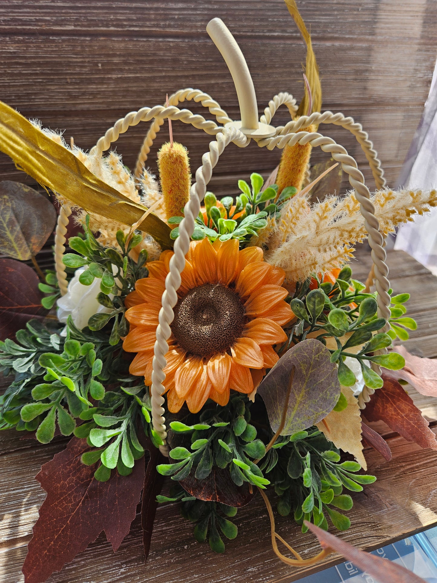 Fall White Pumpkin and Soap Sunflower Arrangement