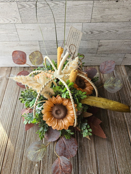 Fall White Pumpkin and Soap Sunflower Arrangement