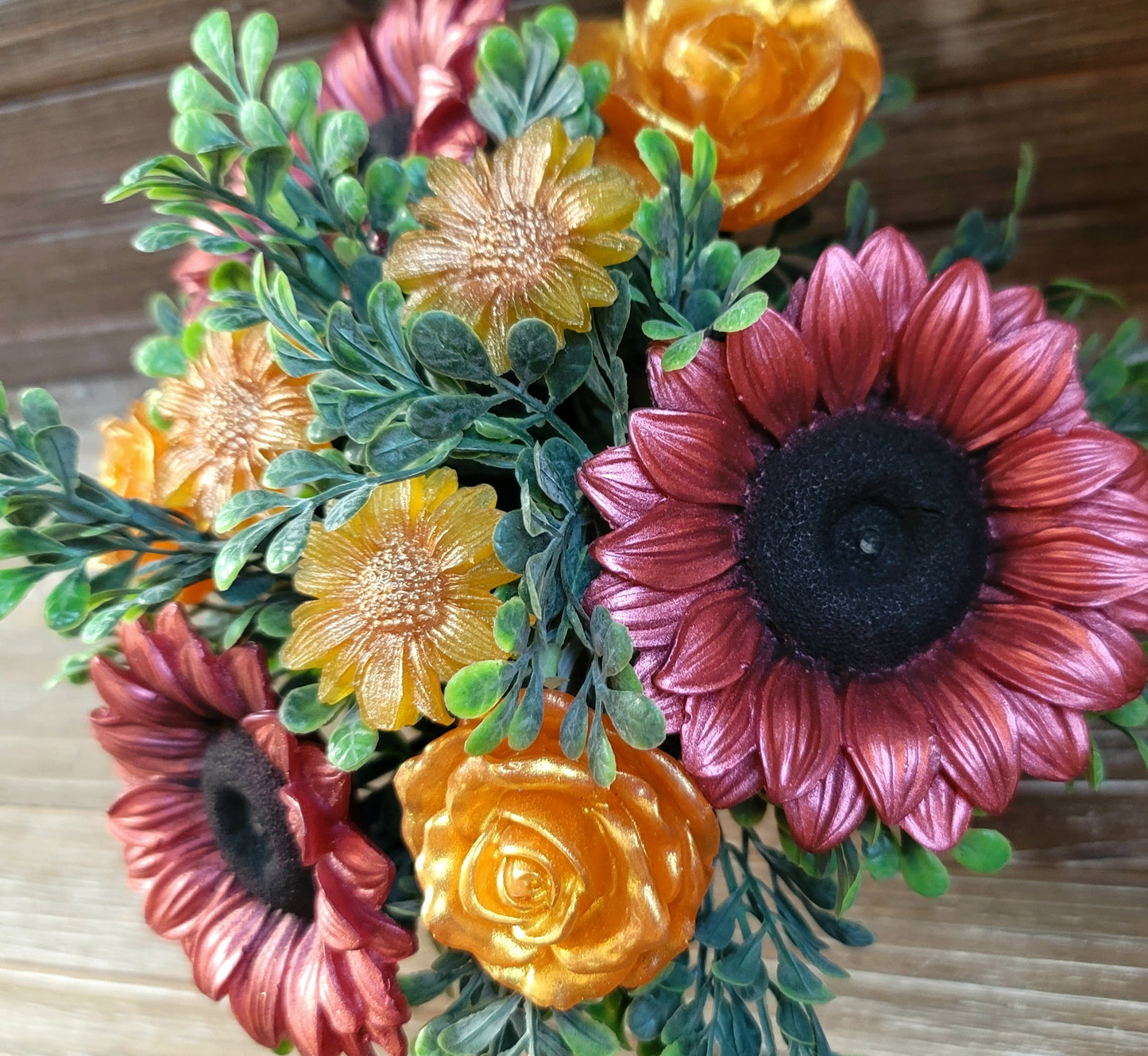 Maroon Sunflower and Rose Soap Bouquet