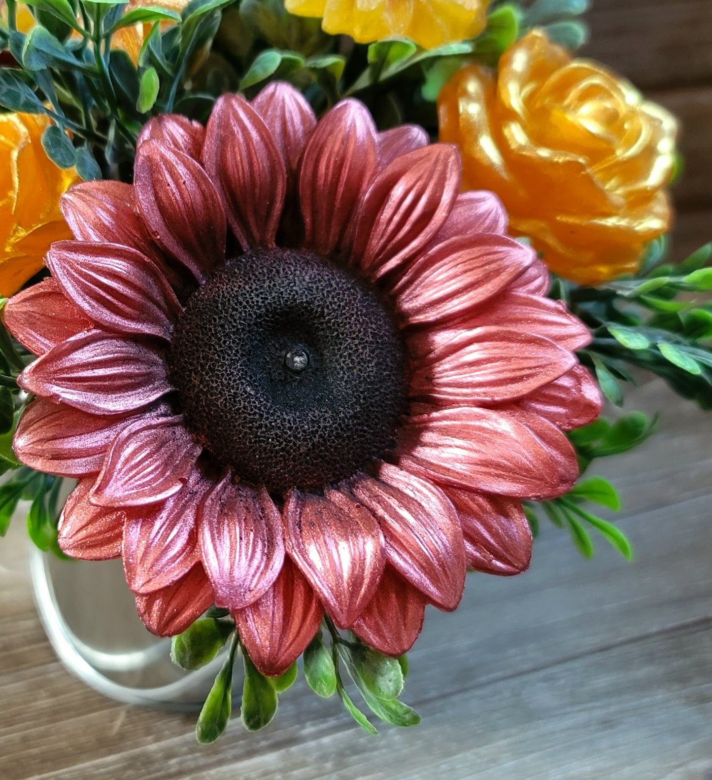 Maroon Sunflower and Rose Soap Bouquet