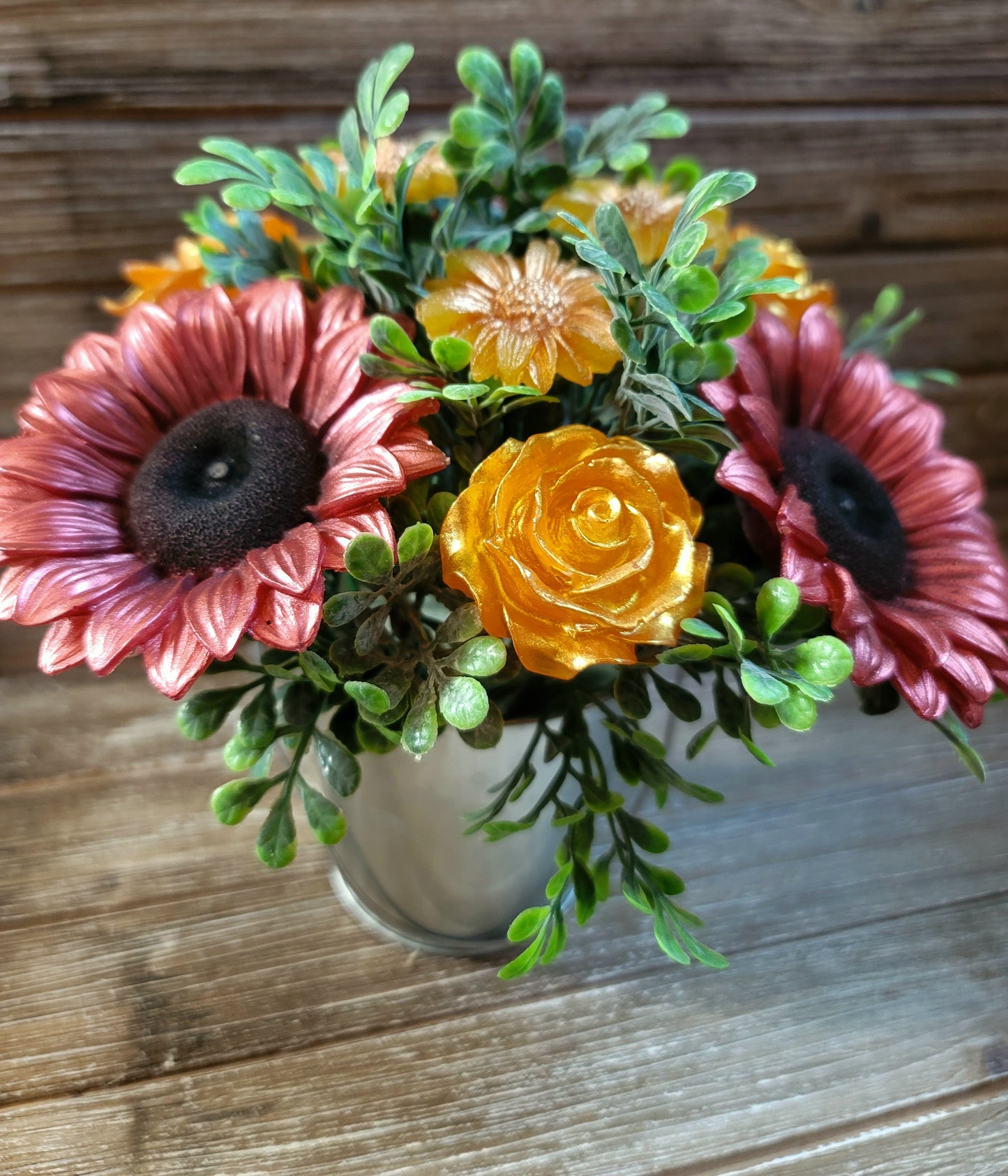 Maroon Sunflower and Rose Soap Bouquet