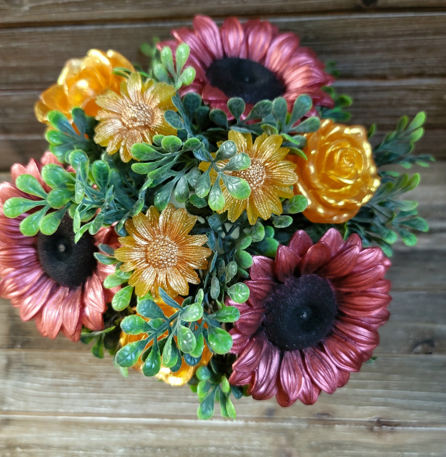 Maroon Sunflower and Rose Soap Bouquet