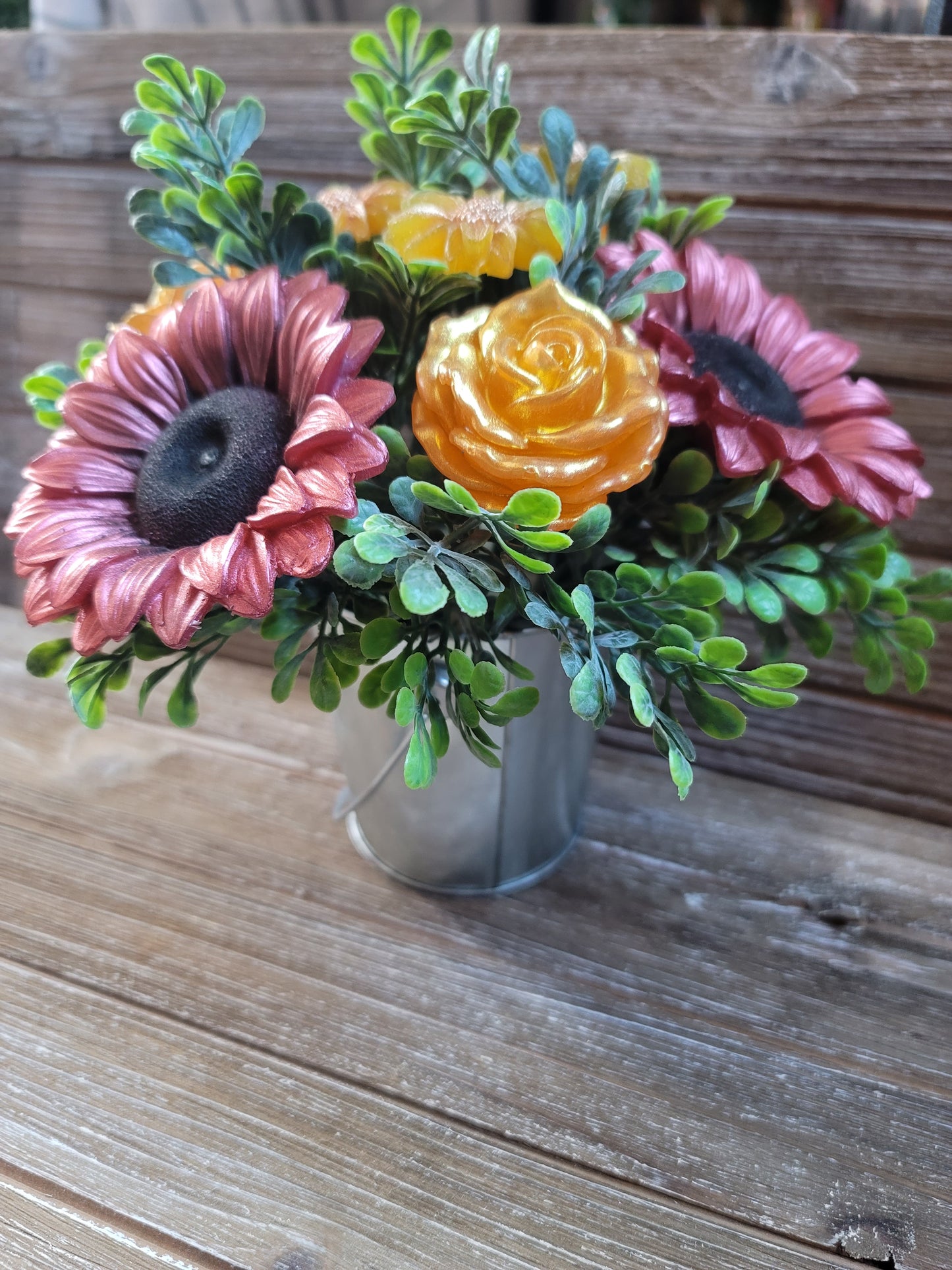 Maroon Sunflower and Rose Soap Bouquet