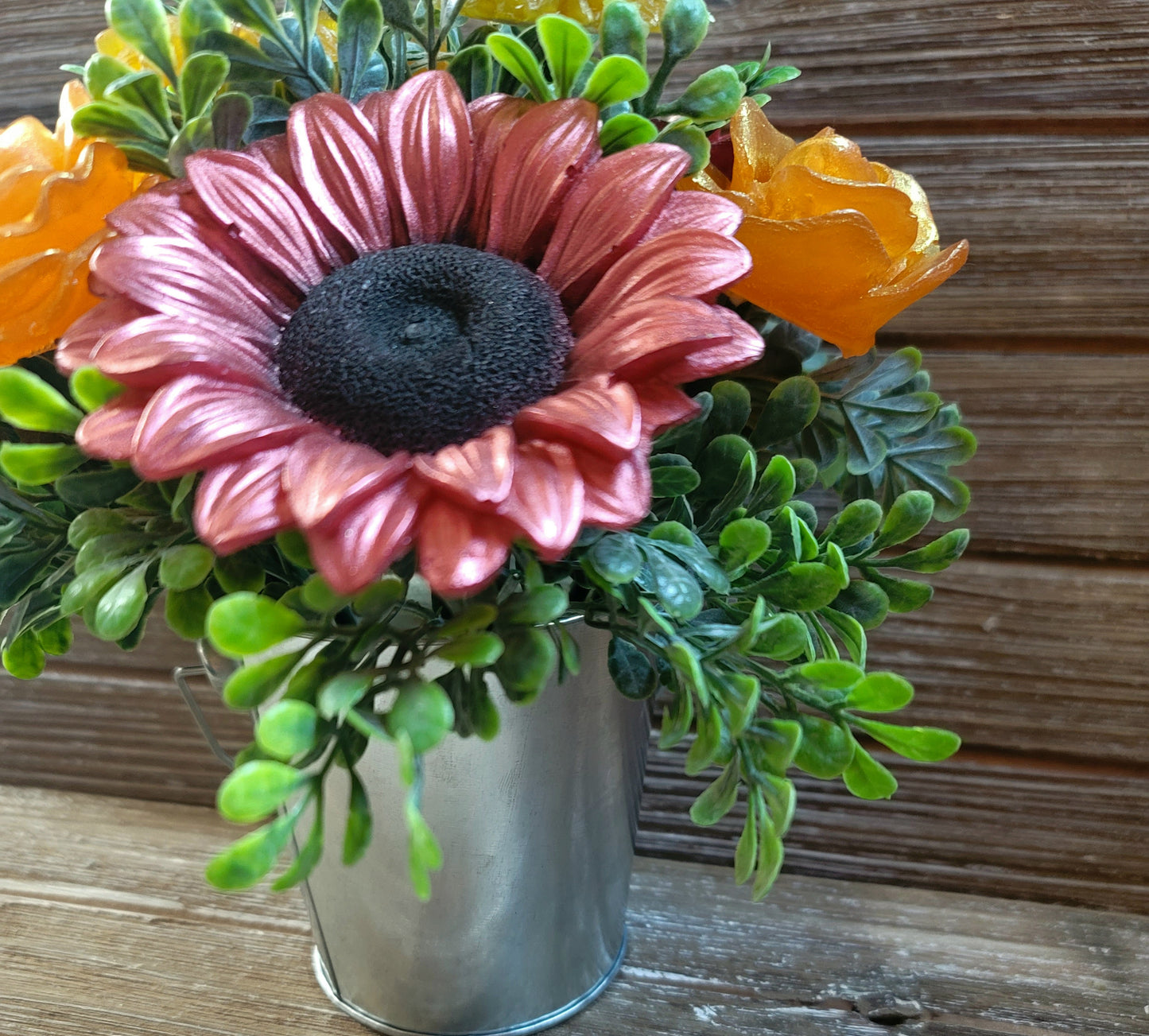 Maroon Sunflower and Rose Soap Bouquet