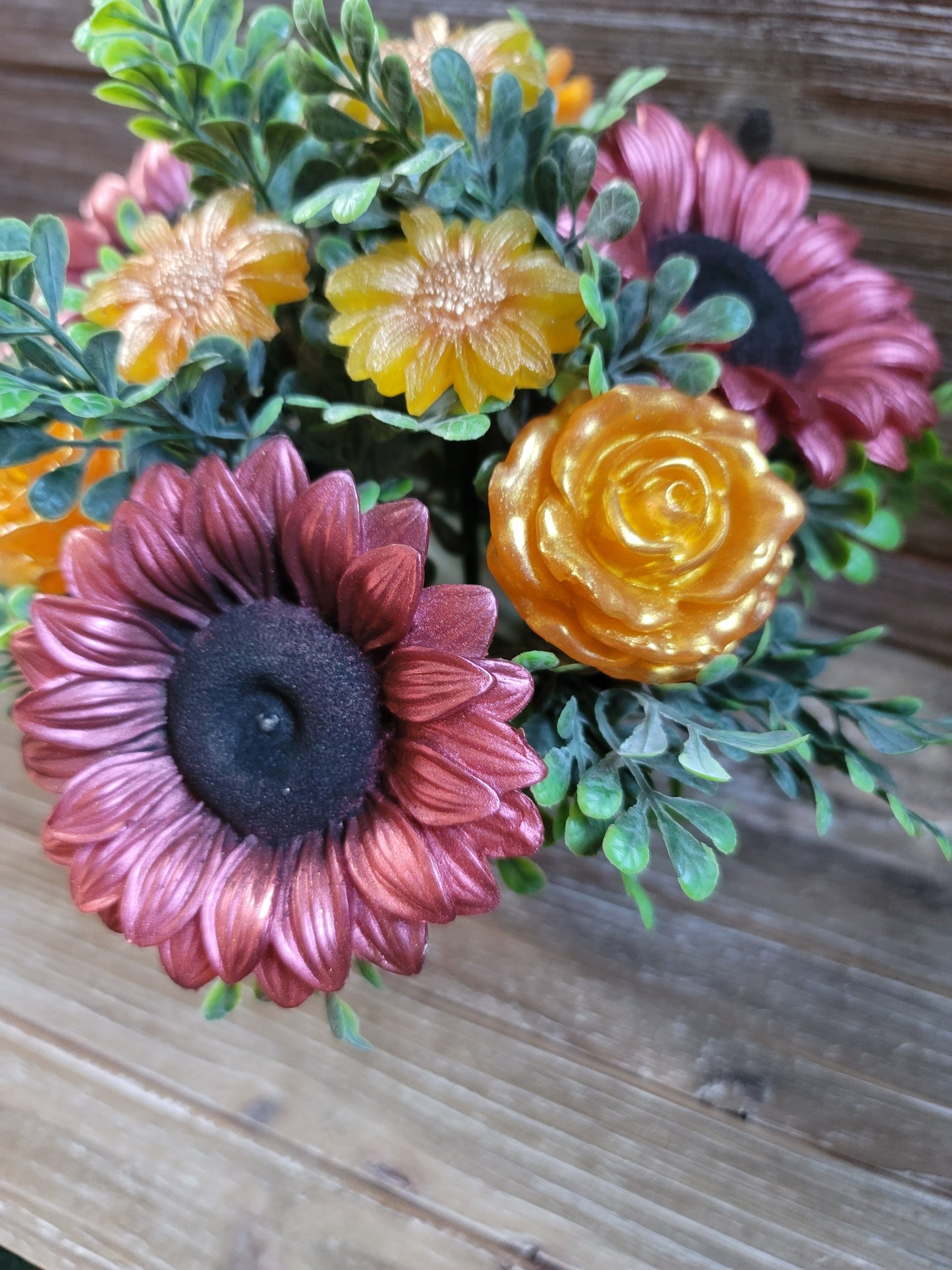 Maroon Sunflower and Rose Soap Bouquet