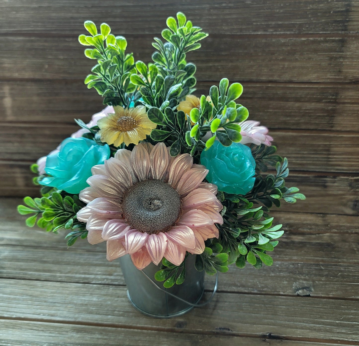 White Iridescent Sunflower & Teal Rose Soap Bouquet
