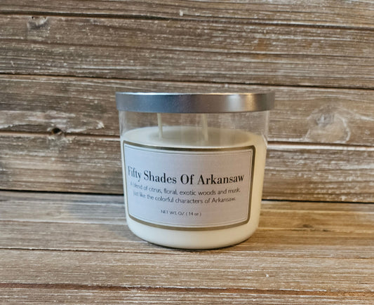 Fifty Shades Of Arkansaw Candle, 3 wick soy candle