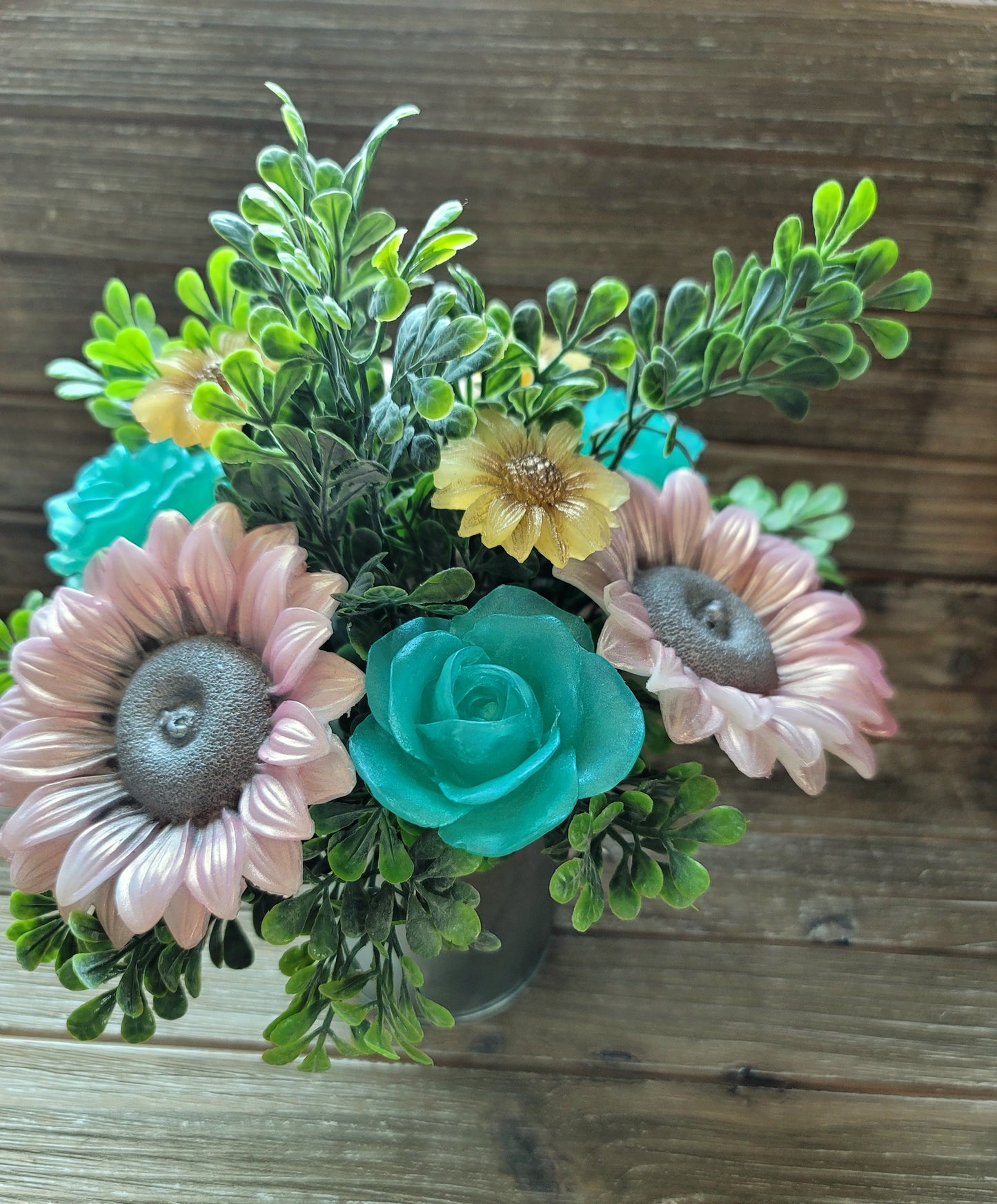 White Iridescent Sunflower & Teal Rose Soap Bouquet