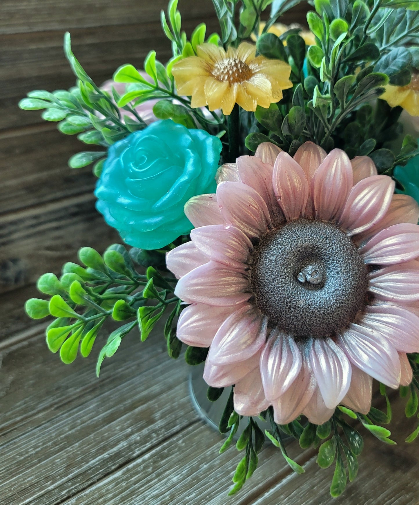 White Iridescent Sunflower & Teal Rose Soap Bouquet