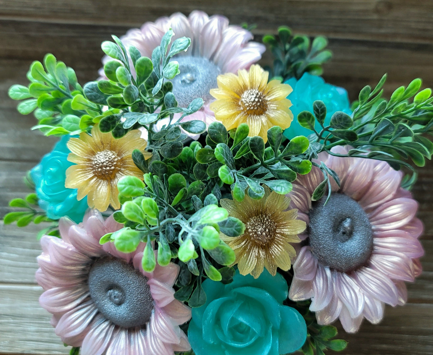 White Iridescent Sunflower & Teal Rose Soap Bouquet