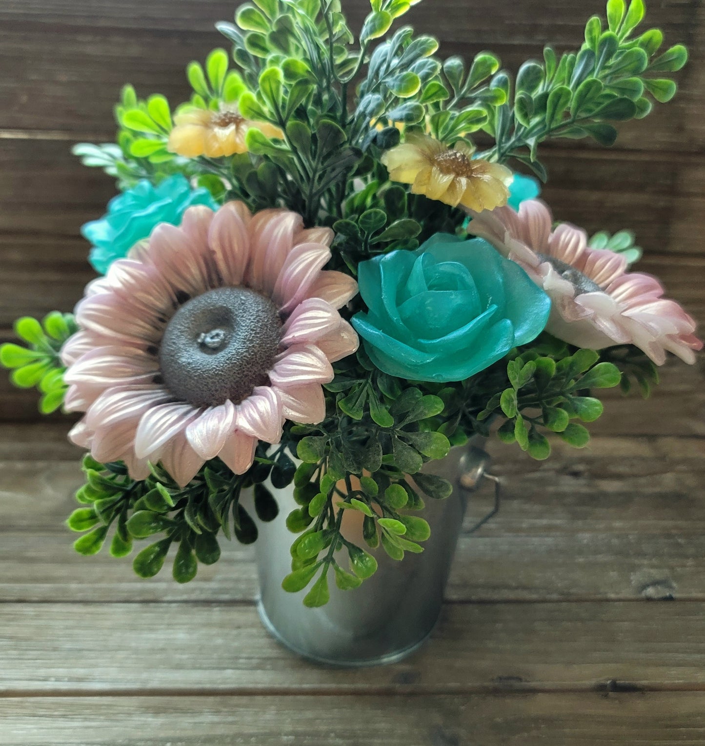 White Iridescent Sunflower & Teal Rose Soap Bouquet