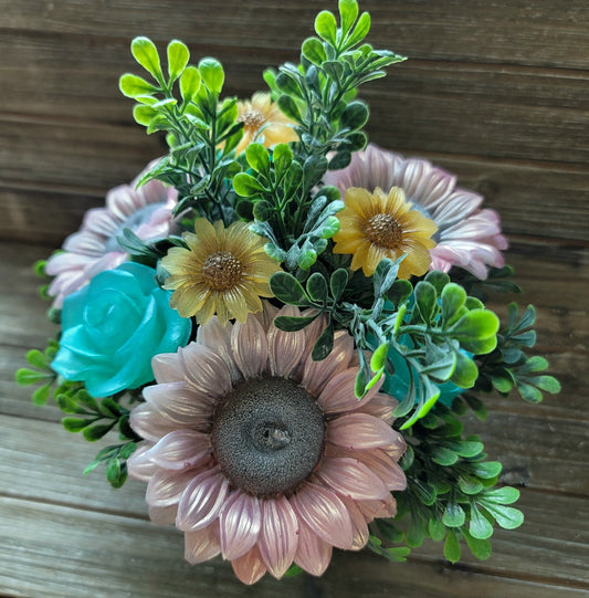 White Iridescent Sunflower & Teal Rose Soap Bouquet