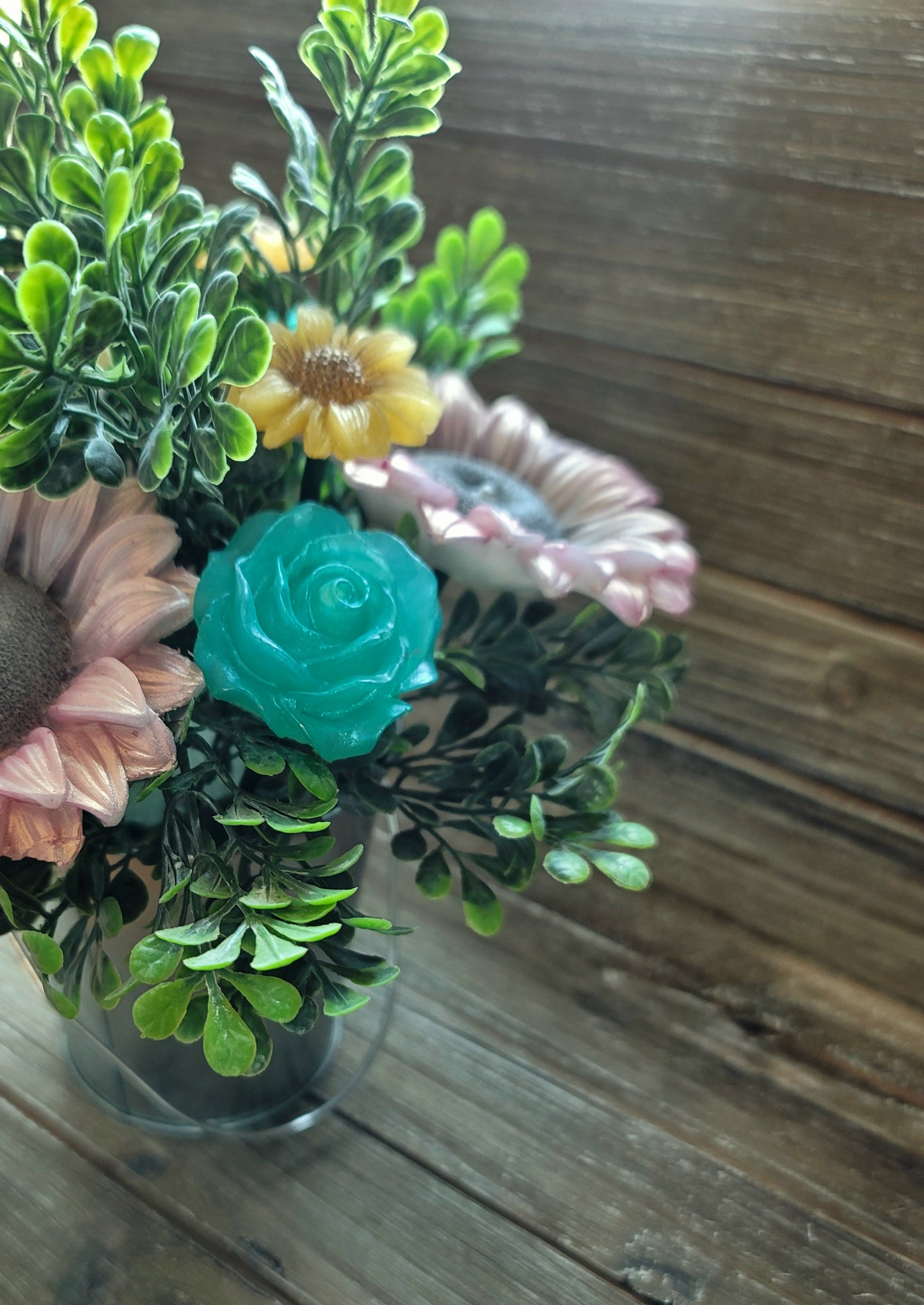 White Iridescent Sunflower & Teal Rose Soap Bouquet