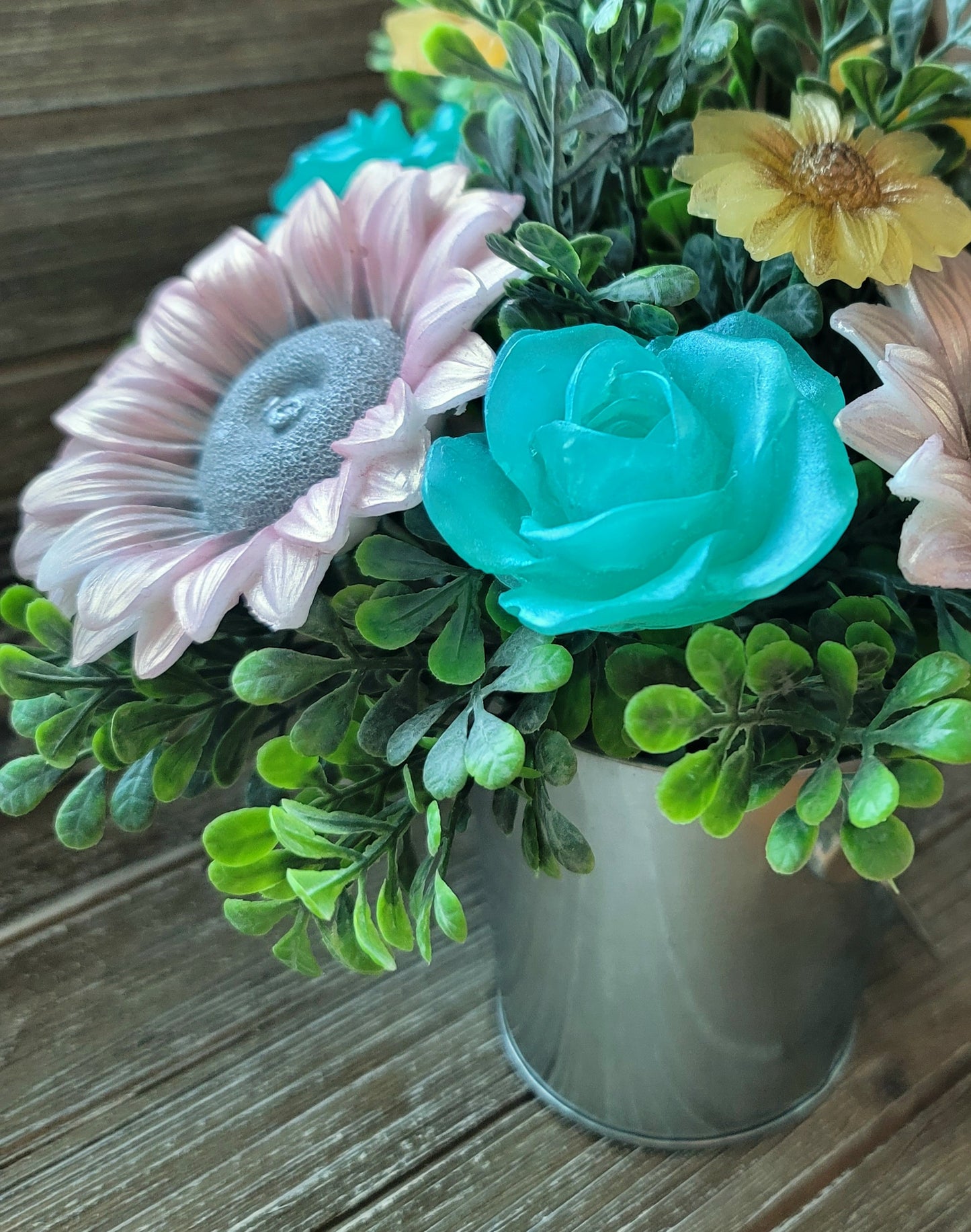 White Iridescent Sunflower & Teal Rose Soap Bouquet